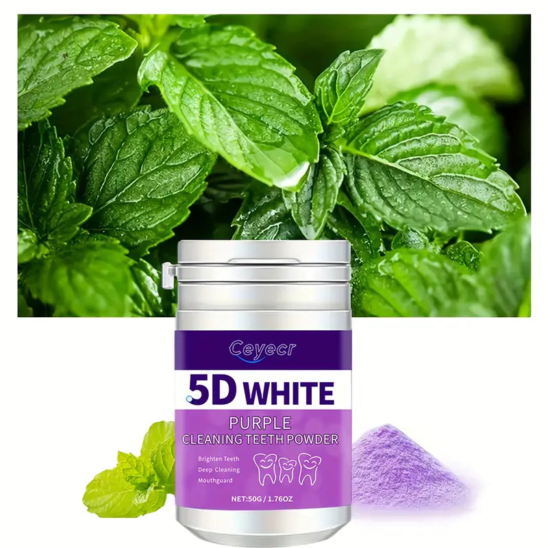 1pc CEYECR 5D White Purple Teeth Whitening Powder - Natural Pearl Formula for Deep Cleaning & Fresh Breath, 50g - Ideal for Men & Women, Perfect for Daily Use & Travel, Whitening Powder