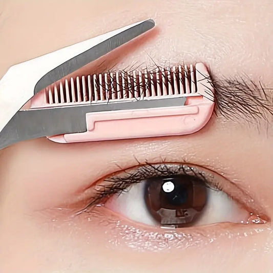 Pink Eyebrow Trimming Scissors with Built-In Comb, Stainless Steel Precision Grooming Tool, Handheld Facial Care Accessory for Perfect Brows