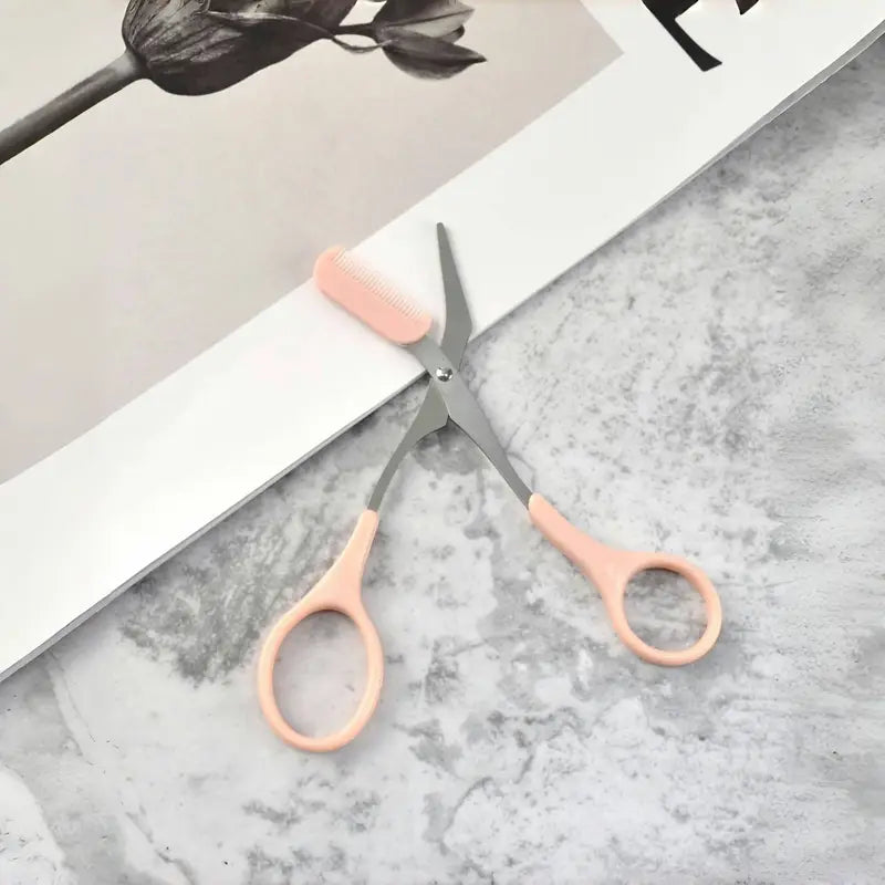 Pink Eyebrow Trimming Scissors with Built-In Comb, Stainless Steel Precision Grooming Tool, Handheld Facial Care Accessory for Perfect Brows