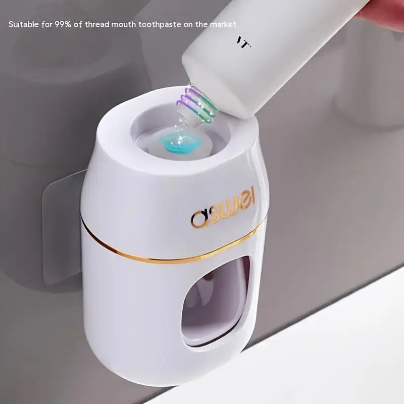 Automatic Toothpaste Dispenser with Toothbrush Holder, Wall-Mounted, Manual Squeeze Toothpaste Tube Saver, No Electricity or Battery Needed, Lightweight Design for Home and Kids