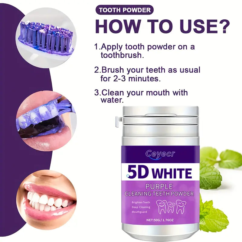 1pc CEYECR 5D White Purple Teeth Whitening Powder - Natural Pearl Formula for Deep Cleaning & Fresh Breath, 50g - Ideal for Men & Women, Perfect for Daily Use & Travel, Whitening Powder