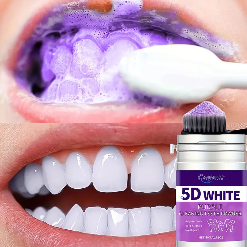 1pc CEYECR 5D White Purple Teeth Whitening Powder - Natural Pearl Formula for Deep Cleaning & Fresh Breath, 50g - Ideal for Men & Women, Perfect for Daily Use & Travel, Whitening Powder