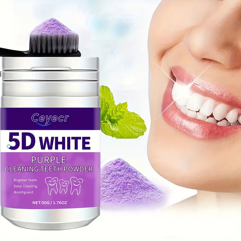 1pc CEYECR 5D White Purple Teeth Whitening Powder - Natural Pearl Formula for Deep Cleaning & Fresh Breath, 50g - Ideal for Men & Women, Perfect for Daily Use & Travel, Whitening Powder