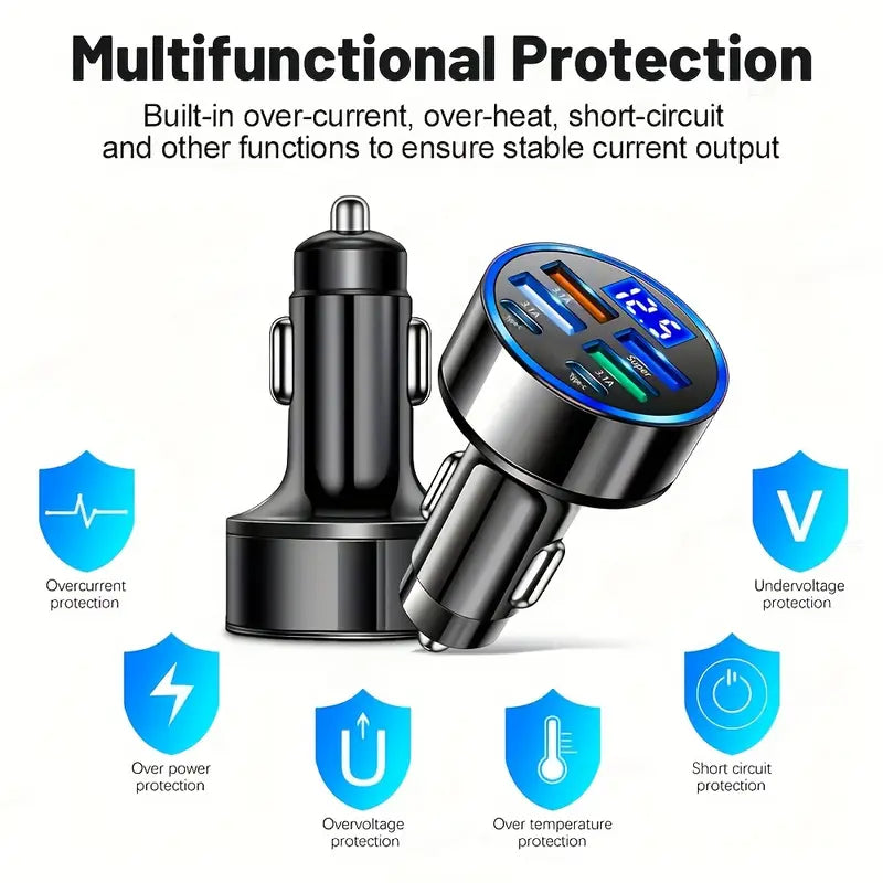 Fast Car Charger with QC3.0 & PD Ports -6-in-1 Multi-Funclug, Cotion Adapter, Digital Display, USB Type Design for Quick & Efficient Car Charging, Car Charging Station|Compact Charger |Durable Metal Build