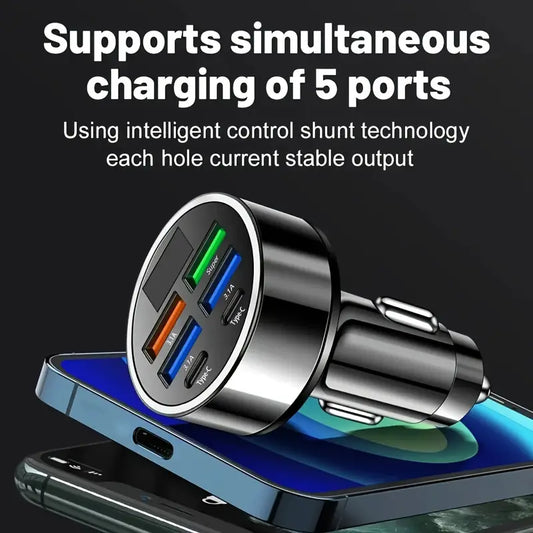 Fast Car Charger with QC3.0 & PD Ports -6-in-1 Multi-Funclug, Cotion Adapter, Digital Display, USB Type Design for Quick & Efficient Car Charging, Car Charging Station|Compact Charger |Durable Metal Build