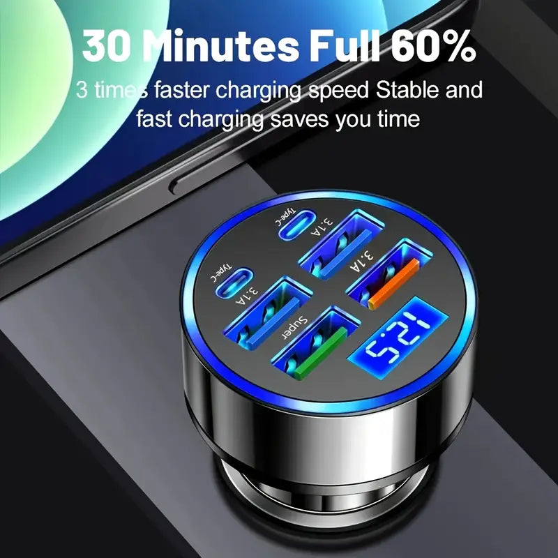 Fast Car Charger with QC3.0 & PD Ports -6-in-1 Multi-Funclug, Cotion Adapter, Digital Display, USB Type Design for Quick & Efficient Car Charging, Car Charging Station|Compact Charger |Durable Metal Build