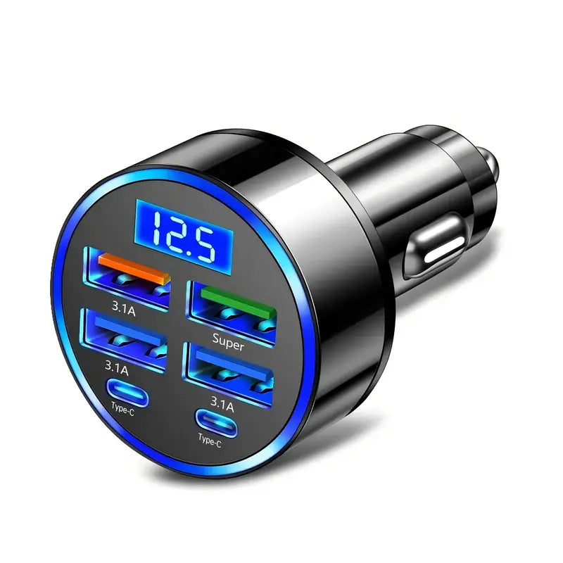 Fast Car Charger with QC3.0 & PD Ports -6-in-1 Multi-Funclug, Cotion Adapter, Digital Display, USB Type Design for Quick & Efficient Car Charging, Car Charging Station|Compact Charger |Durable Metal Build