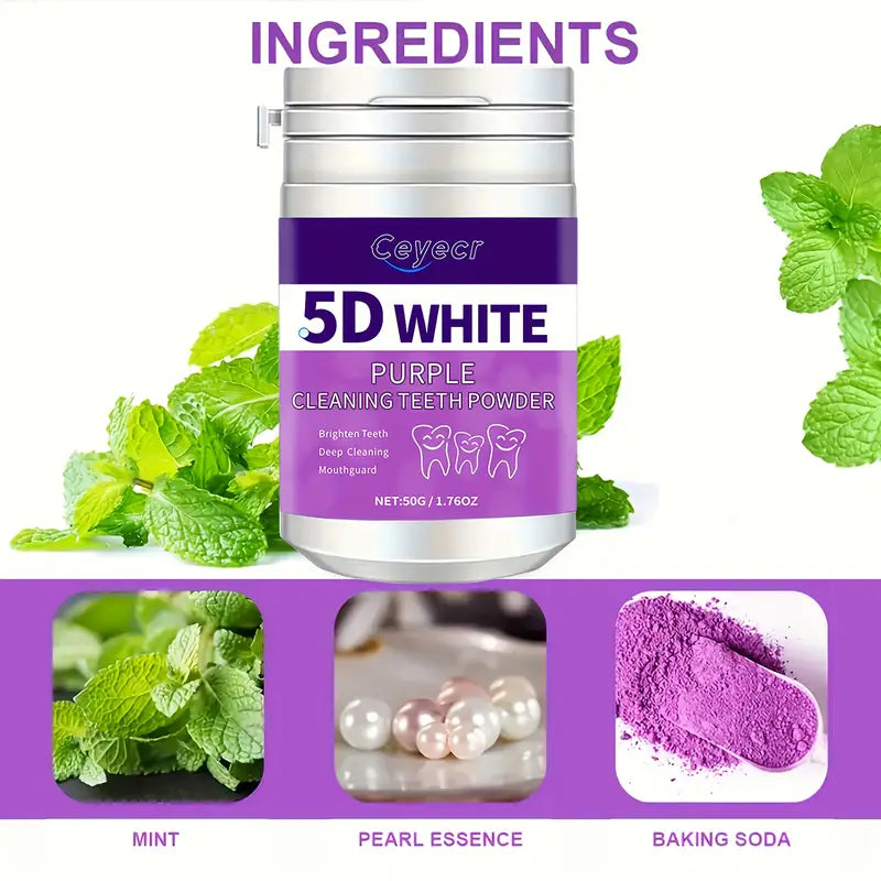 1pc CEYECR 5D White Purple Teeth Whitening Powder - Natural Pearl Formula for Deep Cleaning & Fresh Breath, 50g - Ideal for Men & Women, Perfect for Daily Use & Travel, Whitening Powder