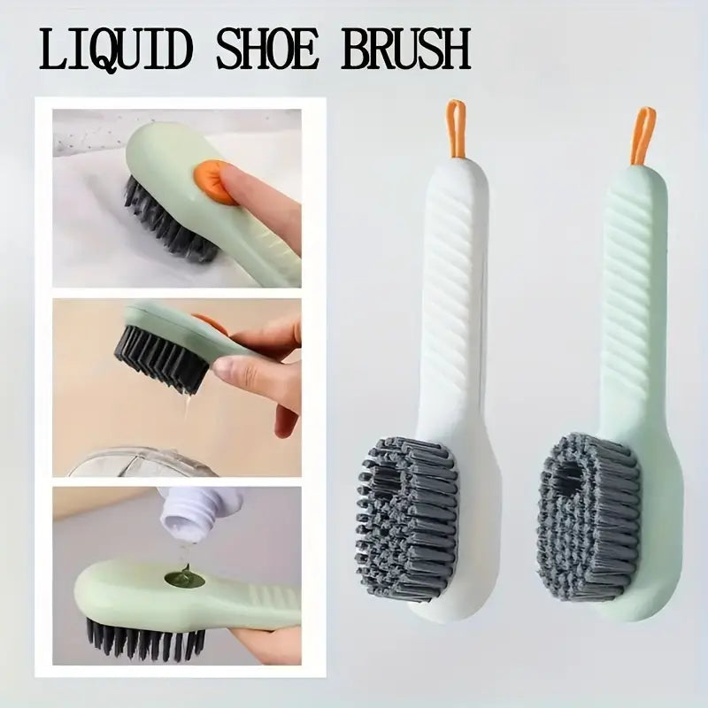 Ergonomic shoe brush with long handle and built-in soap dispenser - Soft bristles for gentle cleaning, ideal for cleaning shoes, boots and jewelry