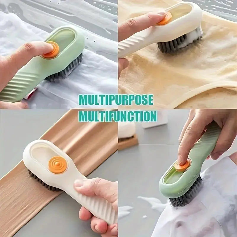 Ergonomic shoe brush with long handle and built-in soap dispenser - Soft bristles for gentle cleaning, ideal for cleaning shoes, boots and jewelry